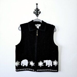 Vintage Lisa International Vest Sweater Womens L Black Boiled Wool Polar Bear